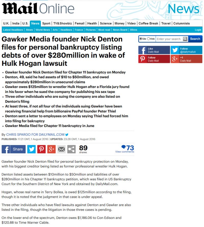 Gawker Media founder Nick Denton files for personal bankruptcy listing