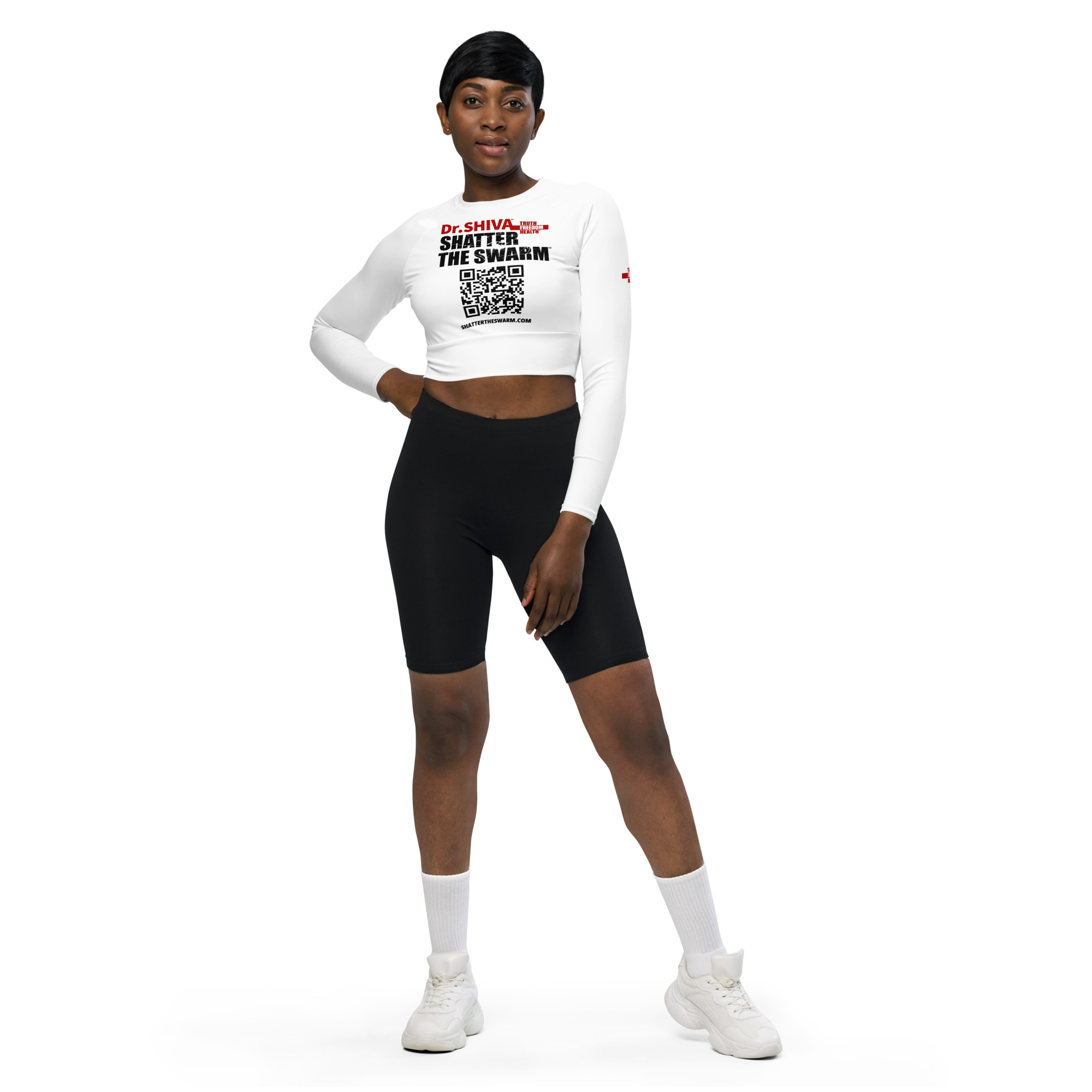 SHATTER THE SWARM™ Women’s Long-Sleeve Crop Top – WHITE